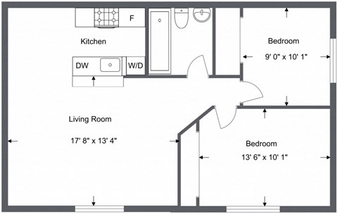 Floor plan for 2 beds, 1 bath, 750 sqft